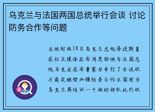 乌克兰与法国两国总统举行会谈 讨论防务合作等问题
