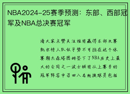 NBA2024-25赛季预测：东部、西部冠军及NBA总决赛冠军