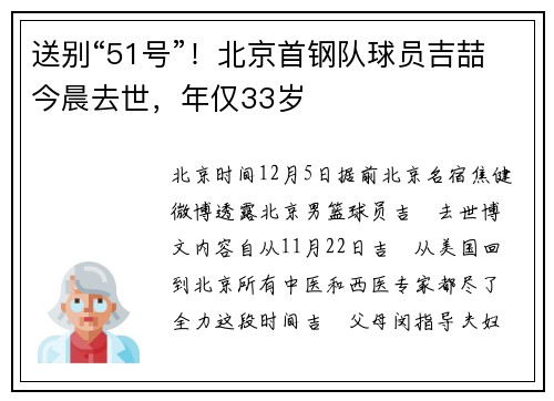 送别“51号”！北京首钢队球员吉喆今晨去世，年仅33岁